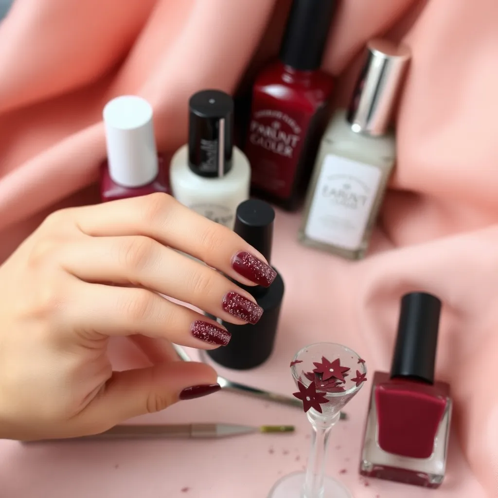 Bordowe paznokcie z brokatem – krok po kroku