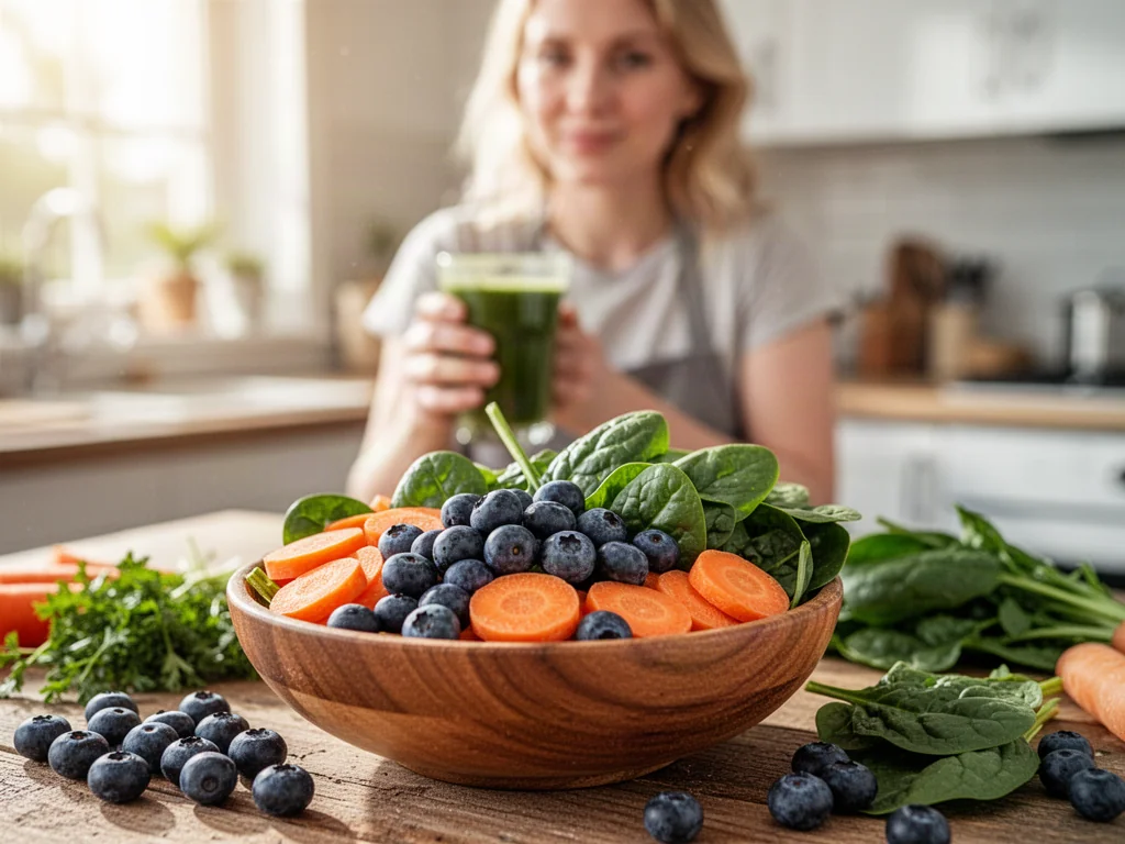 Drewniana miska z jagodami, marchewką i szpinakiem oraz osoba pijąca zielone smoothie w słonecznej kuchni.