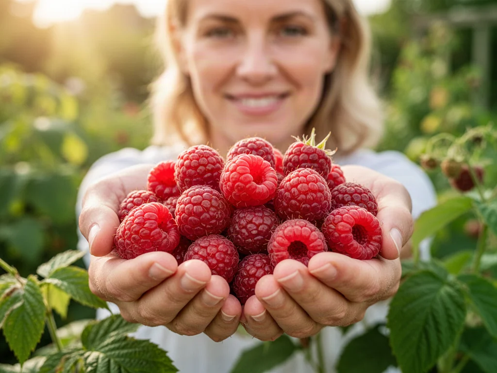 Garść świeżych, soczystych malin trzymana w dłoniach na tle słonecznego ogrodu, podkreślająca naturalność owoców.